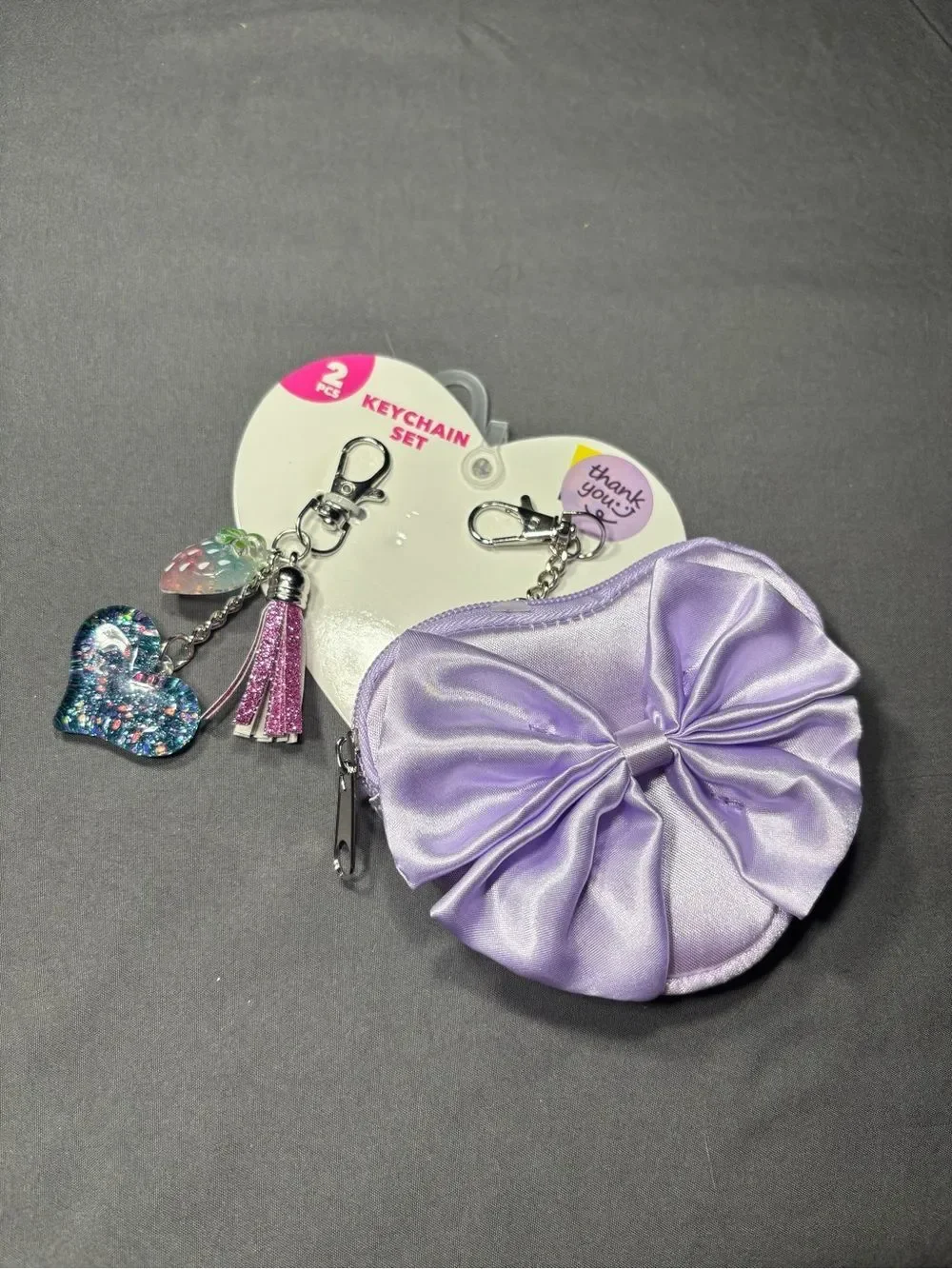 2 pc New Lavender Bow Coin Purse with Charm Keychain Set